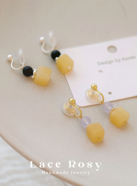 【原创手作】Lace无耳洞蚊香盘耳夹天然石黄色方糖块紫水晶耳钩女