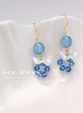 Lace无耳洞蚊香盘耳夹原创设计大颗水蓝色珠子花边春夏新款耳饰女