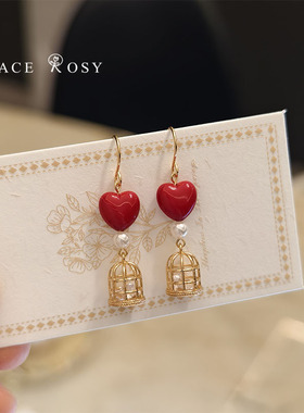 Lace无耳洞蚊香盘耳夹原创设计红色爱心鸟笼中长款气质个性耳钩女