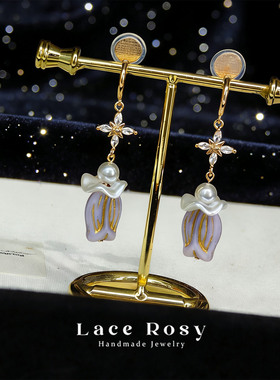 Lace无耳洞蚊香盘耳夹新品原创设计紫色郁金香长款锆石仙女风耳饰