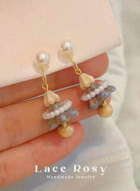 【原创手作】Lace无耳洞蚊香盘耳夹圣诞树氛围风珍珠蓝色铃铛耳钉