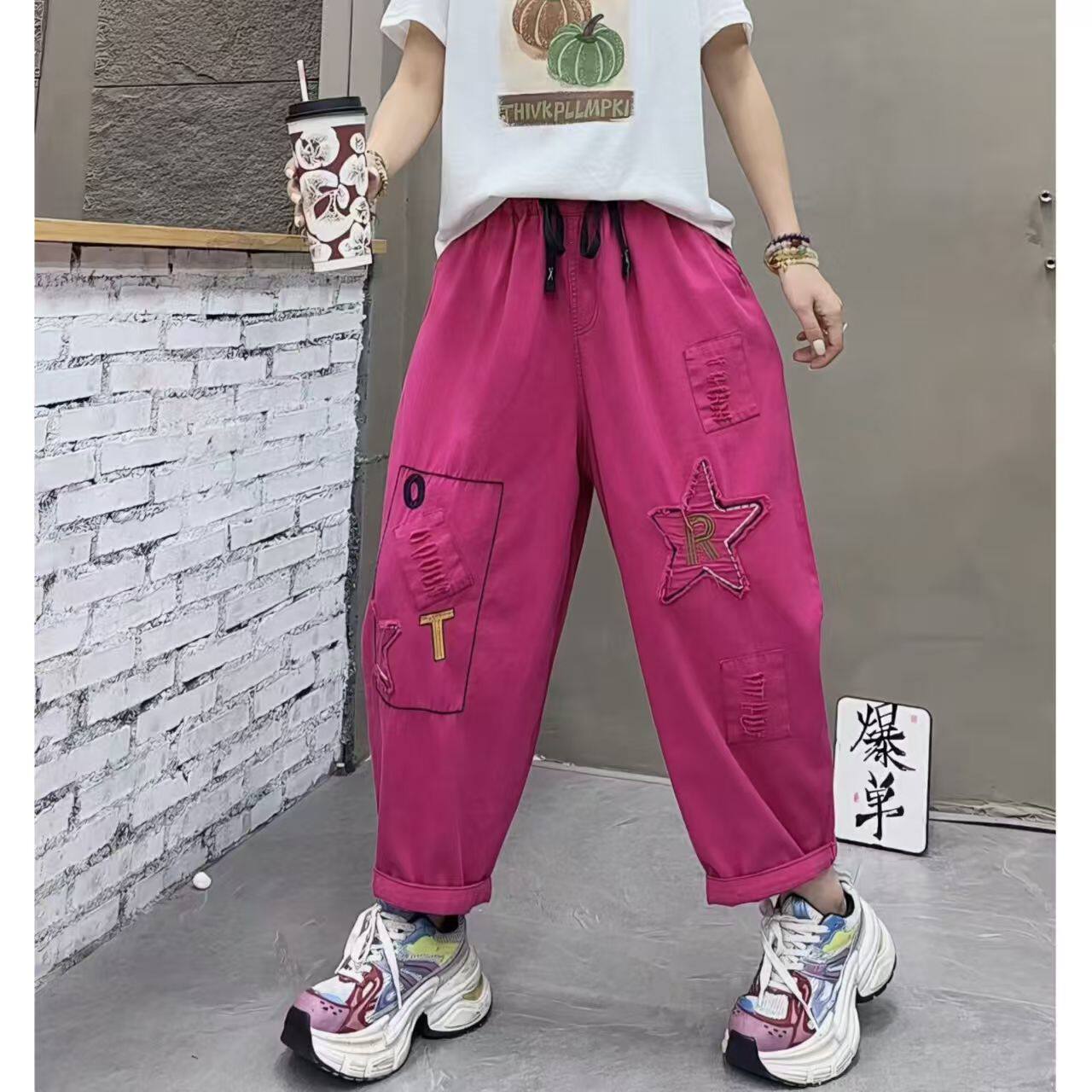 夏季薄款五角星刺绣休闲裤女宽松松紧腰多口袋j九分裤