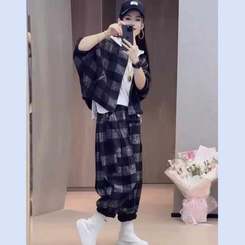 欧货休闲宽松个性牛仔套装女2024秋季新款洋气显瘦哈伦裤两件套潮