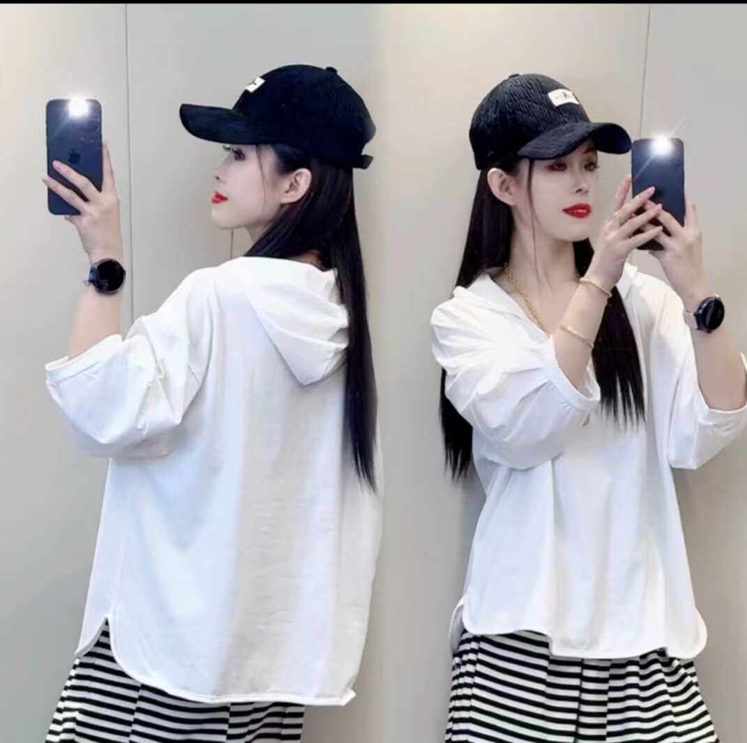 简约休闲女大码宽松竹节七分袖T恤春夏新款韩版连帽上衣纯色打底