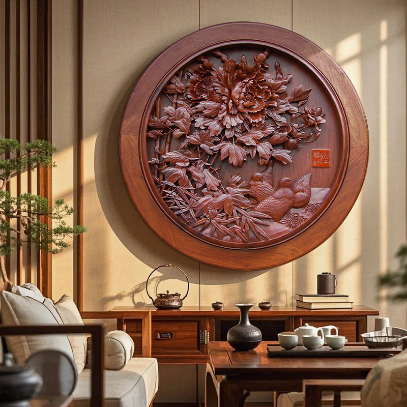 东阳木雕手工雕刻工艺品玄关中堂背景墙装饰画牡丹花鸟浮雕定制图片