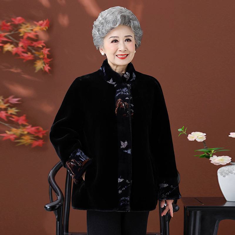 奶奶冬装加绒外套70岁80老人太太加厚保暖上衣女老年人仿皮草大衣