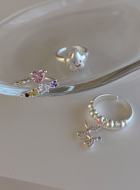 小众设计感哑光金属彩钻爱心笑脸戒指女复古个性百搭气质指环戒子