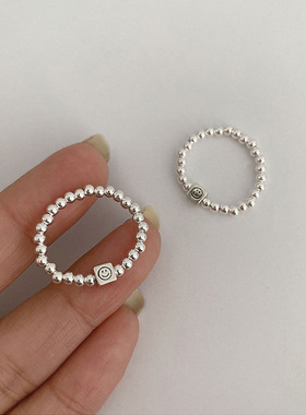 小众设计弹力绳串珠戒指女韩国简约个性百搭气质方块笑脸指环戒子