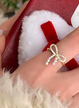 细闪锆石蝴蝶结珍珠开口戒指女轻奢优雅温柔个性时尚百搭指环戒子