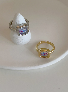 可活动锆石方形金属开口戒指女韩国小众个性简约百搭气质指环戒子