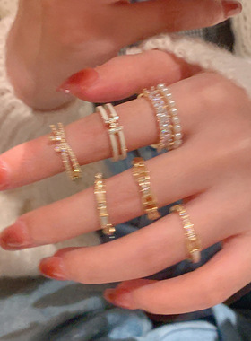 轻奢双排珍珠锆石开口戒指合集女小众独特时尚气质百搭戒指指环