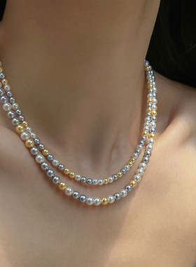 高级感彩色珍珠项链女轻奢法式复古优雅气质时尚百搭颈链毛衣链