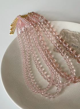 透明粉色串珠项链女小众设计甜美个性简约百搭气质时尚颈链锁骨链