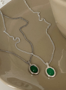 小众设计感椭圆绿玛瑙吊坠项链女个性时尚气质清新百搭颈链锁骨链