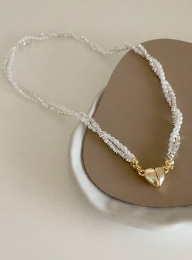 碎银子金属珍珠缠绕爱心磁铁项链女设计感小众个性百搭颈链锁骨链