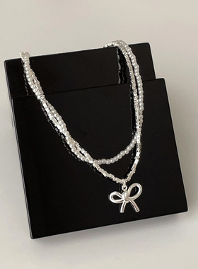 碎银子金属双层珍珠缠绕蝴蝶结吊坠项链女轻奢高级百搭颈链锁骨链