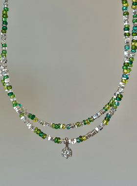 绿色琉璃水晶碎银子串珠项链女清新个性时尚气质百搭颈链锁骨链