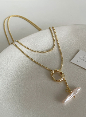 设计感小众双层淡水珍珠吊坠项链女复古个性百搭气质颈链锁骨链