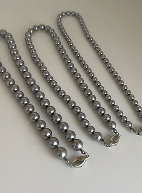 高级感灰色珍珠元宝扣项链女韩国小众复古个性简约时尚颈链锁骨链