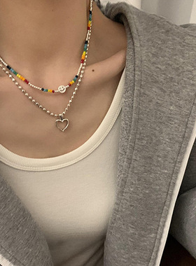 小众设计彩色水晶笑脸爱心双层项链女韩国个性简约百搭颈链锁骨链