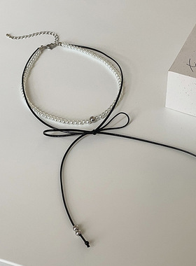 飘带蝴蝶结珍珠双层项链女小众设计感复古个性简约百搭颈链锁骨链