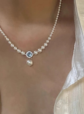 蓝色猫眼石珍珠碎银子项链女小众设计复古个性简约百搭颈链锁骨链