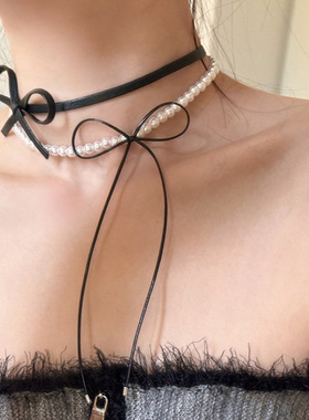 皮革蝴蝶结珍珠双层项链女设计感高级时尚潮流个性百搭颈链锁骨链