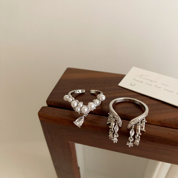 珍珠锆石流苏金属开口戒指女设计感小众复古个性简约百搭气质指环