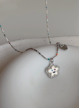 彩色米珠金属笑脸花朵项链女小众设计感个性简约百搭气质时尚颈链