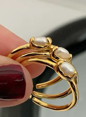 淡水珍珠不规则金属开口戒指女韩国小众复古个性简约百搭气质指环