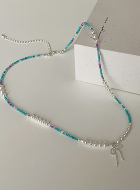 甜酷风蝴蝶结水晶珍珠串珠项链女设计感可爱清新百搭颈链锁骨链