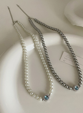 法式复古蓝色猫眼石珍珠项链女小众设计个性简约百搭颈链毛衣链