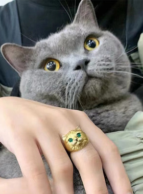 复古设计感立体雕刻金属猫开口戒指女个性气质时尚高级指环戒子