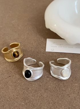 港风复古天然石哑光金属开口戒指女小众个性简约气质百搭指环戒子