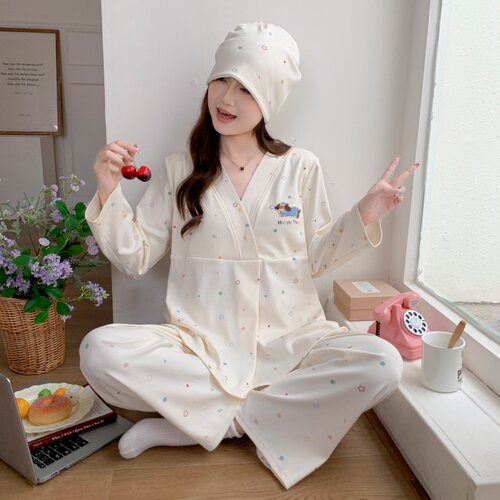 带胸垫棉春秋月子服产后夏季薄款纯哺乳6孕妇睡衣7家居套装8月份9