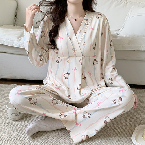 带胸垫棉月子服夏薄款产后8月份9产妇纯孕期哺乳孕妇睡衣春秋家居