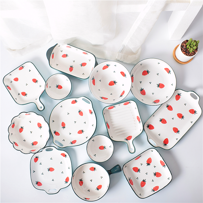 草莓新款蓝色单人烤盘套装陶瓷盘子家用个性可爱送礼日系北欧餐具