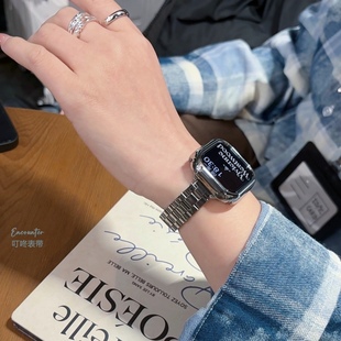 apple Ultra女款 iwatch9 S10 高级不锈钢亮面手表表带适用苹果s11