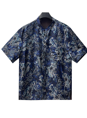 B25713-夏季男士桑蚕丝红云纱青花瓷新中式短袖(一尾红)