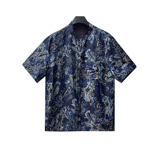 B25713-夏季男士桑蚕丝红云纱青花瓷新中式短袖(一尾红)
