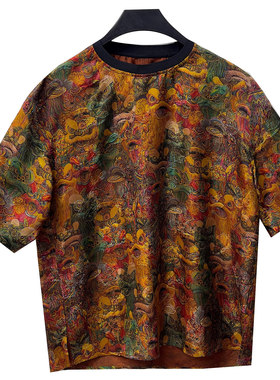 B25719-男士桑蚕丝红云纱醒狮T恤