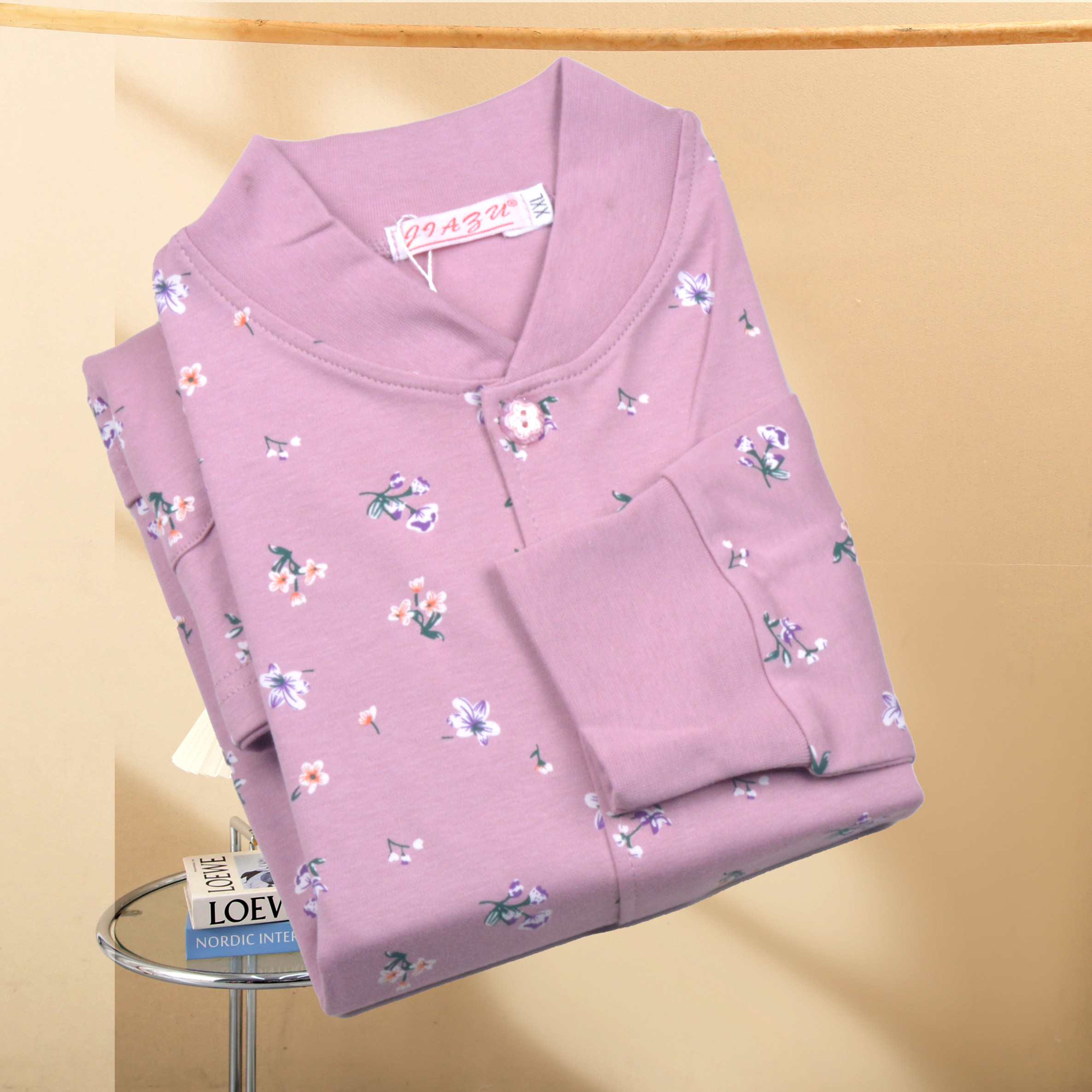 中老年人纯棉开衫秋衣保暖上衣圆领胖MM加肥加大码中厚秋衣衬衣