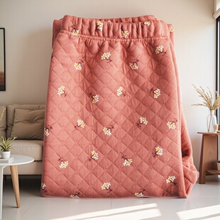 中老年女纯棉三层夹棉保暖裤妈妈秋冬高腰散口宽松家居裤加厚睡裤