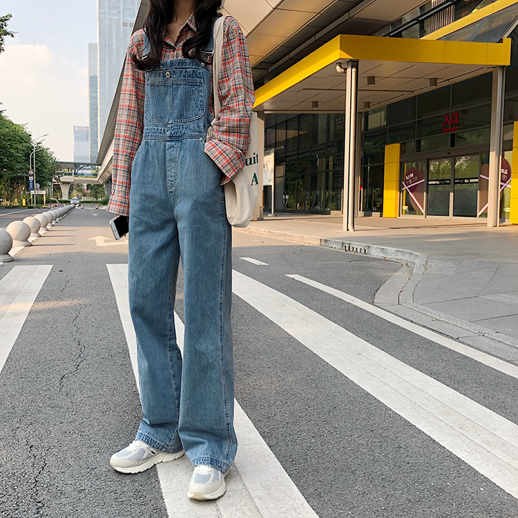 Real price Korean style loose and versatile denim strap pants floor pants pants