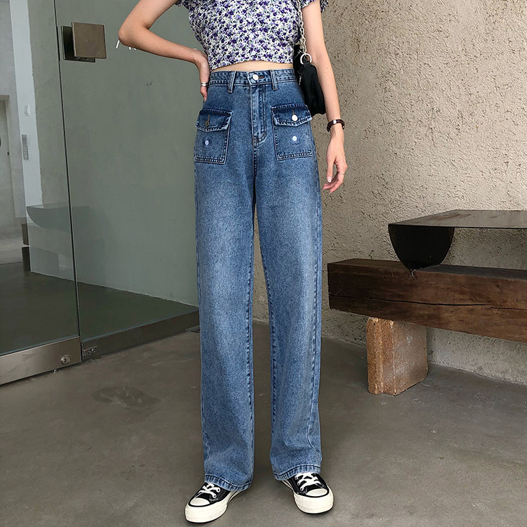 Special price real shot Korean version elegant style small flower embroidery high waist jeans pants straight tube floor pants