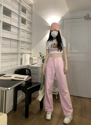 Real shooting and real price 2022 summer Korean version of high waist denim wide leg pants pink denim straight pants