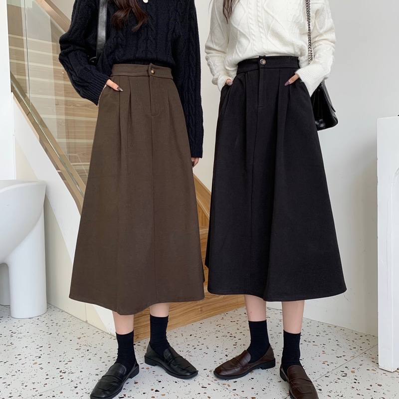 Real price woolen skirt 2020 autumn / winter work clothes high waist elastic girl medium length A-line skirt
