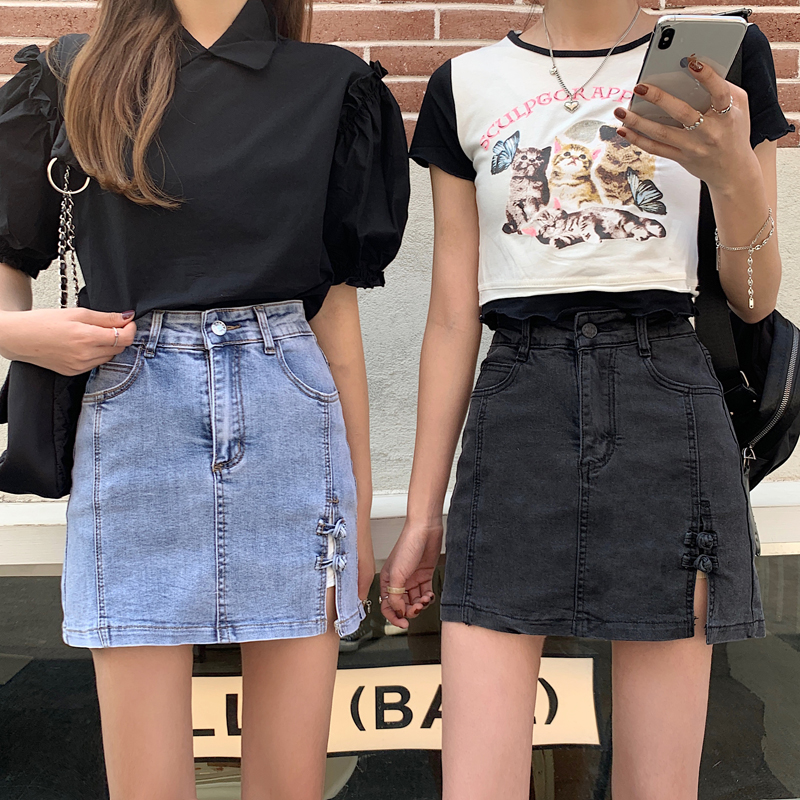 Real price early spring new high waist retro thin pan button jeans skirt short skirt