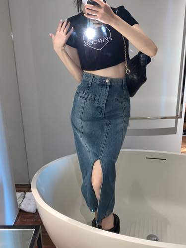 Actual shot of 2024 spring high-waisted double-pocket hip-covering slim-fit slit denim mid-length skirt