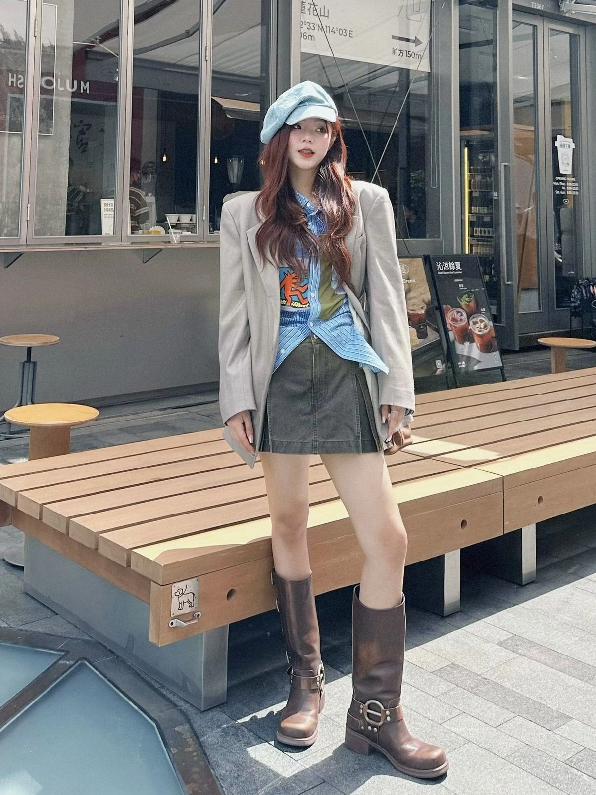 MIU  가죽 레트로 나이트 부츠 여성 벨트 버클 두꺼운 힐 하이 부츠 무릎 높이 부츠 이상 서부 카우보이 부츠